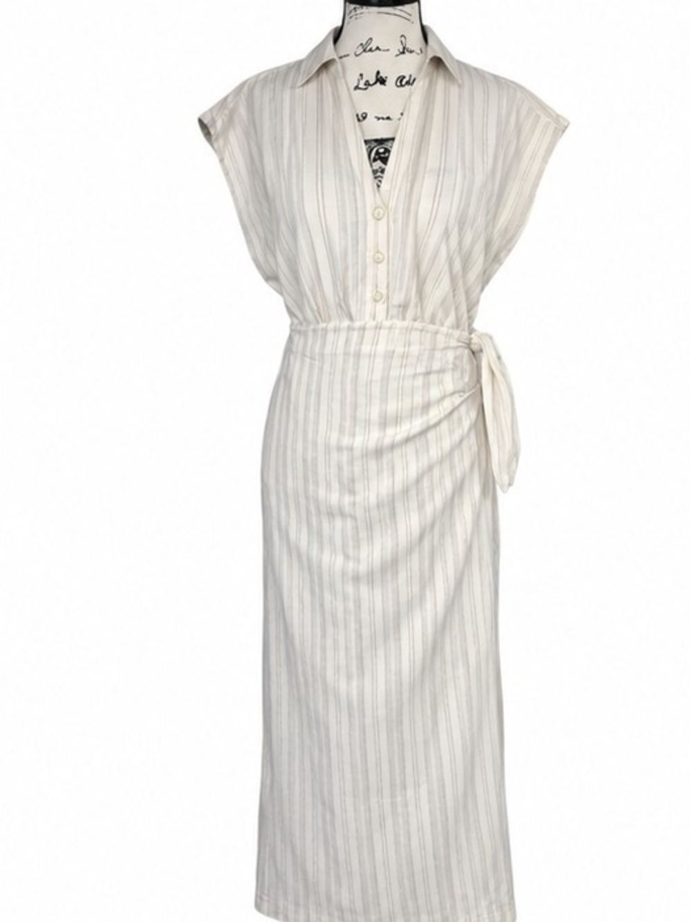 Universal Thread Cream Stripe Wrap Waist Midi Shirt Dress M Cotton Coastal Beach